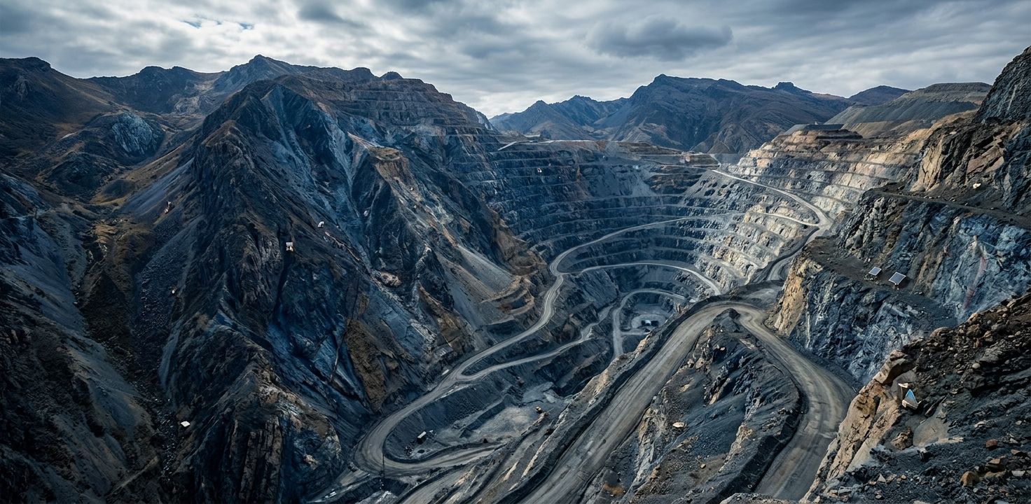 Georadar (GPR): tecnología clave para la exploración del subsuelo y la inspección estructural moderna 14 Fotografía de ingeniería de un proyecto minero a gran escala a tajo abierto en los Andes del sur de Perú, mostrando taludes geológicos escarpados y puntos sutiles de monitoreo geotécnico bajo un cielo nublado.